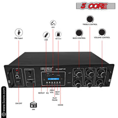 5Core Amplifier Home Audio 65W RMS Stereo Receiver DJ Amp w USB AUX MIC SD Card Input